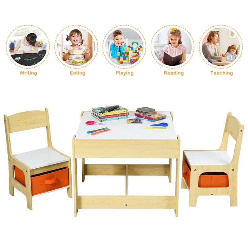 3-in-1 Kids Wood Table Chairs Set with Blackboard & Storage Drawers, Children Multi Activity Table for Learning Playing Drawing