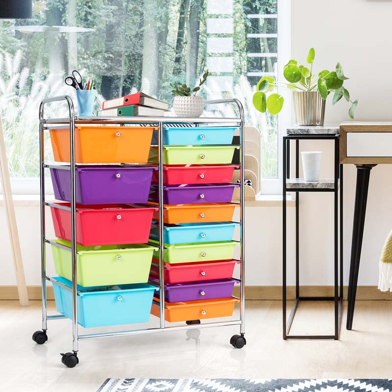 15-Drawer Storage Drawer Cart Tools Scrapbook Paper Organizer Cart Office School Utility Cart Rolling Storage Cart with Wheels