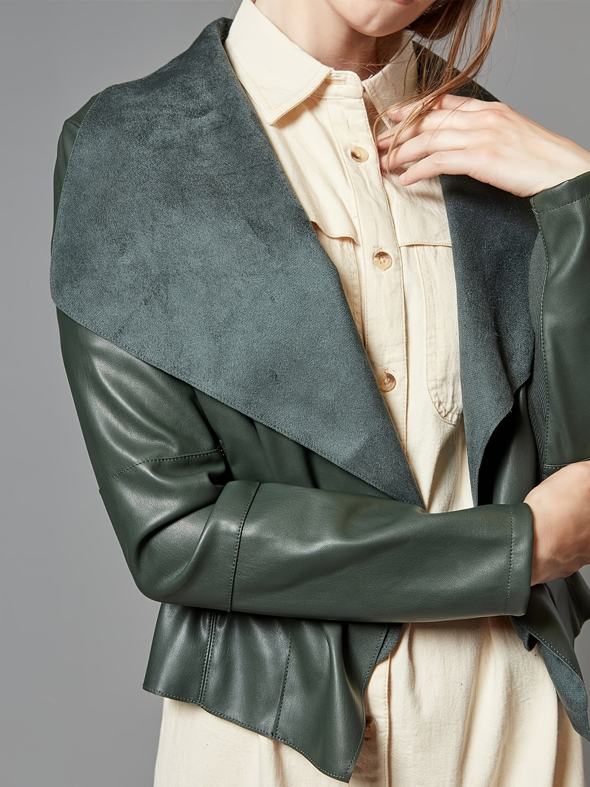 Women’s Open Front Leather Jacket – Classic Lapel Outerwear