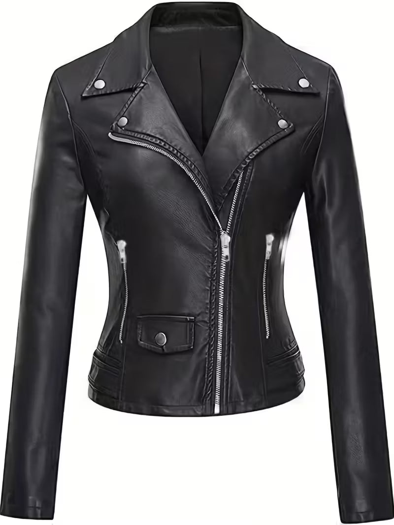 Women’s Black Elegant Leather Jacket – Zipper Details, Long Sleeve Fashion Outerwear