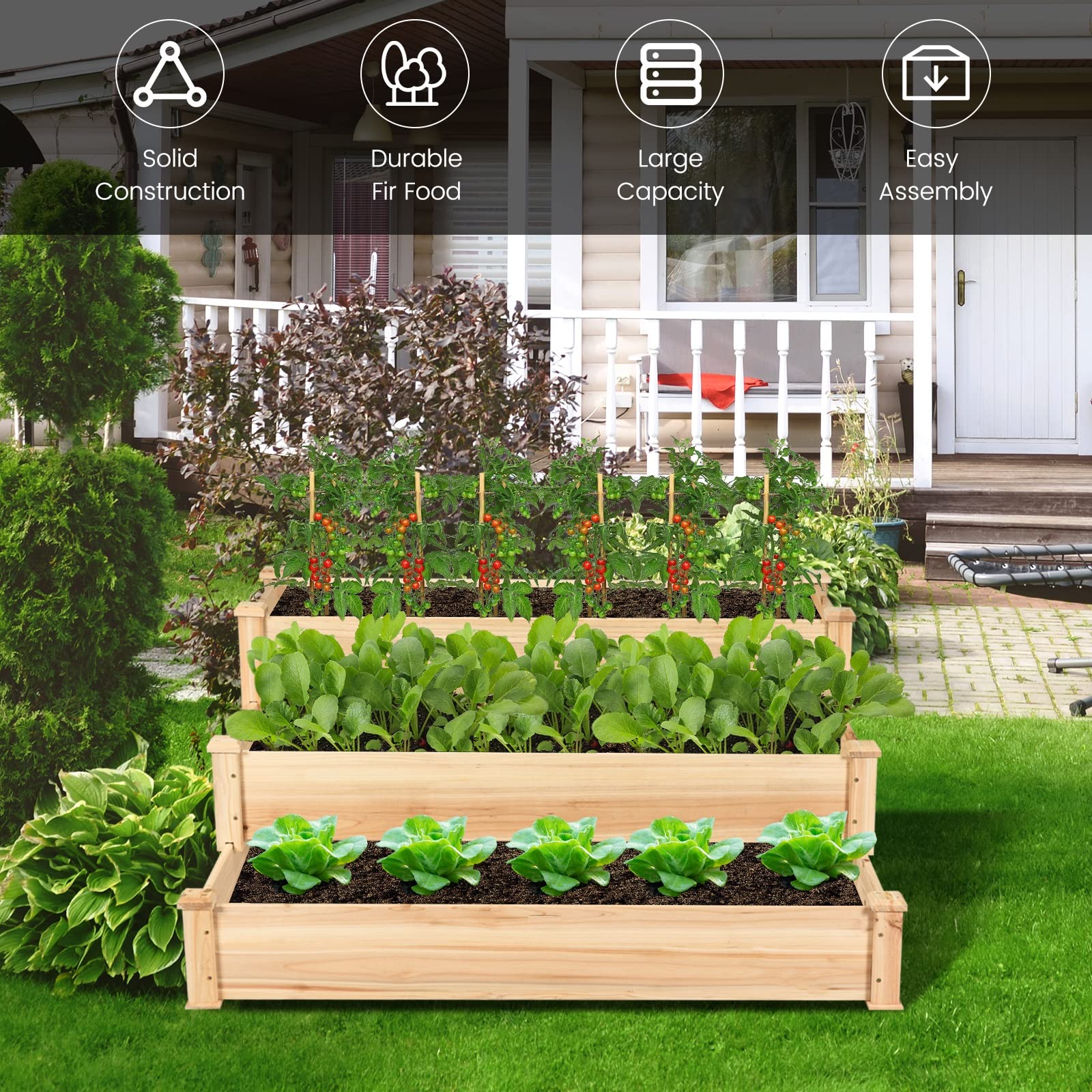 3-Tier Raised Garden Bed, 49" x 49" x 22" Fir Wood Elevated Planter Box for Growing Vegetable/Flower/Herb, Plant Display Container Rack