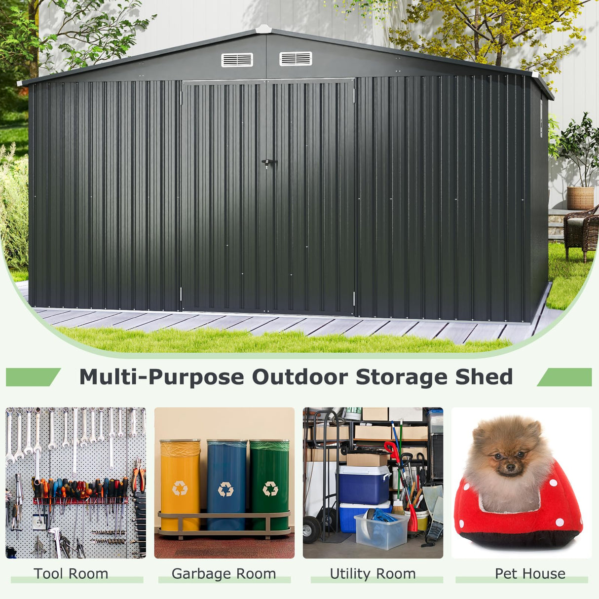12 x 9.8 FT All-Weather Outdoor Storage Shed, Rustproof Galvanized Metal Utility Tool Shed w/Lockable Door, Pitched Roof, Windows