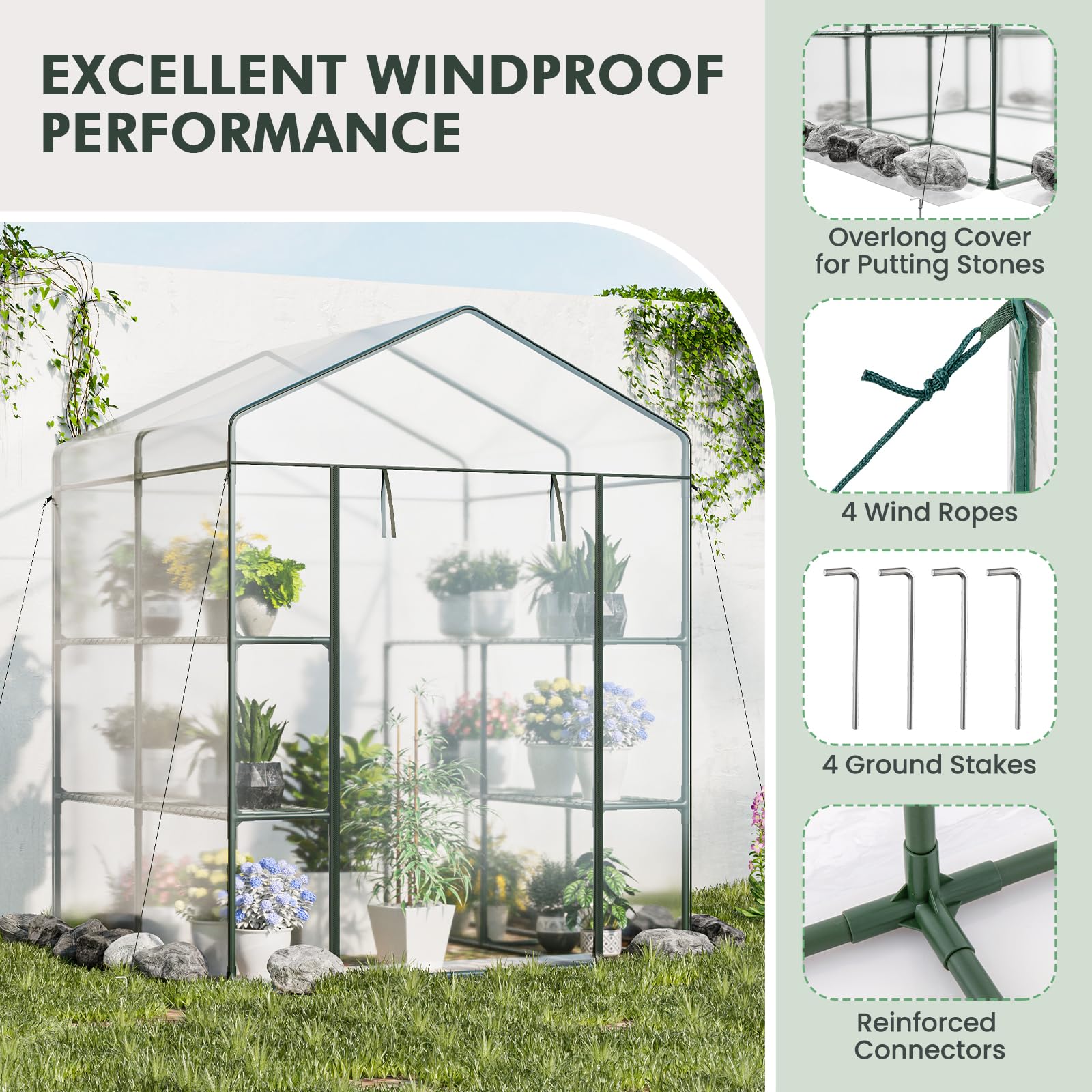4.6 x 4.7 x 6.5 FT Walk-in Greenhouse with 3 Tiers 4 Shelves, 4 Ground Stakes & Ropes, PVC Cover, Roll-up Zippered Door