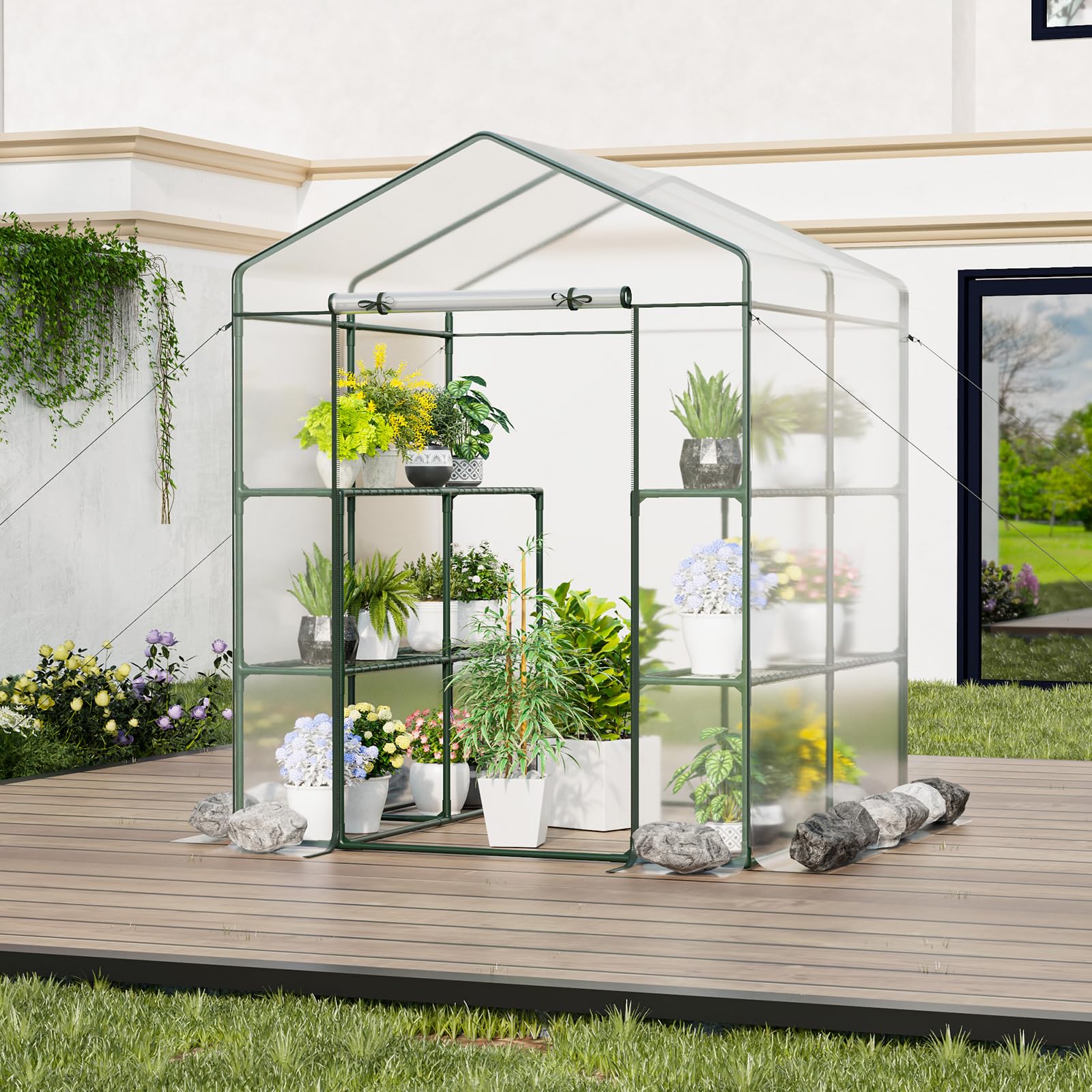 4.6 x 4.7 x 6.5 FT Walk-in Greenhouse with 3 Tiers 4 Shelves, 4 Ground Stakes & Ropes, PVC Cover, Roll-up Zippered Door