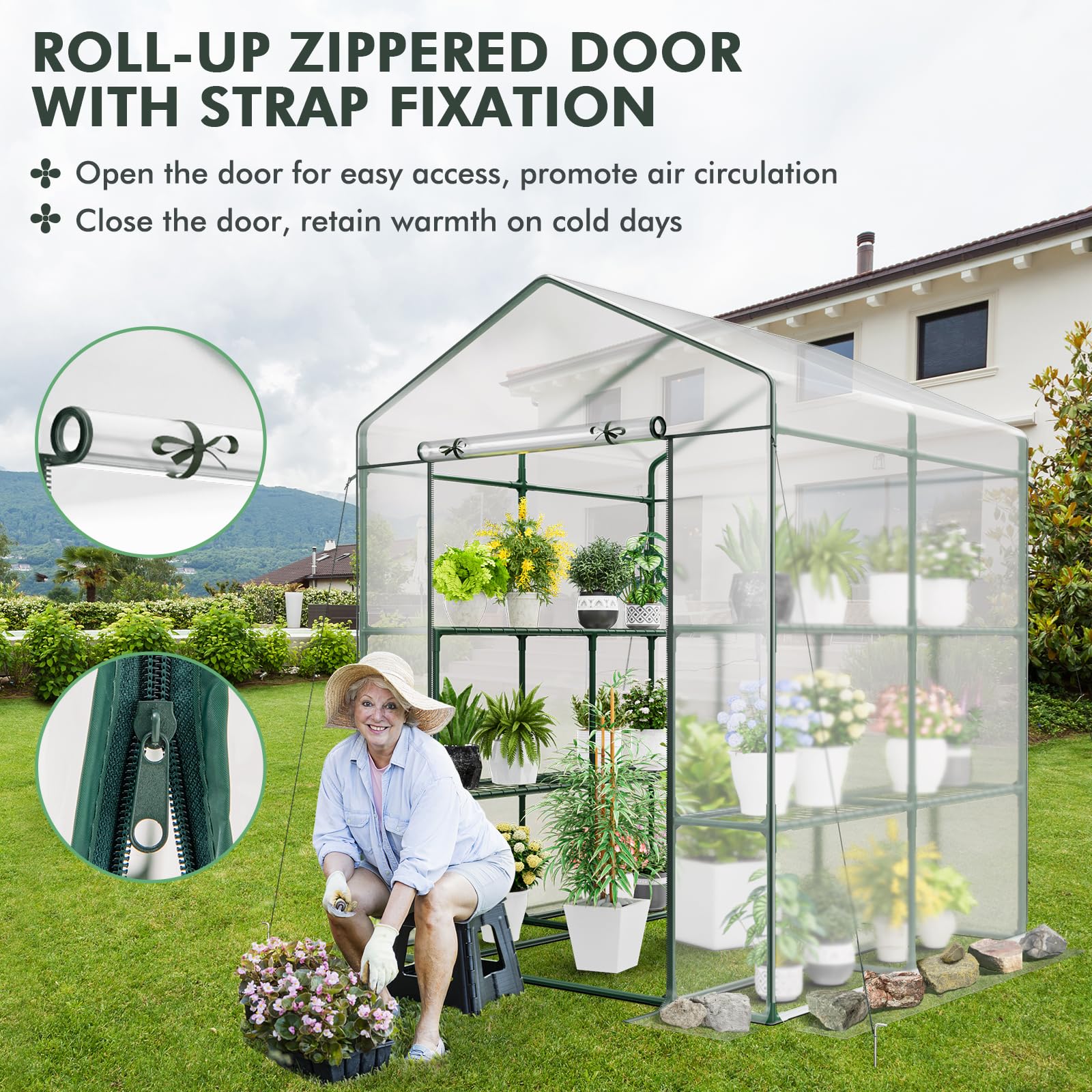 4.6 x 4.7 x 6.5 FT Walk-in Greenhouse with 3 Tiers 4 Shelves, 4 Ground Stakes & Ropes, PVC Cover, Roll-up Zippered Door