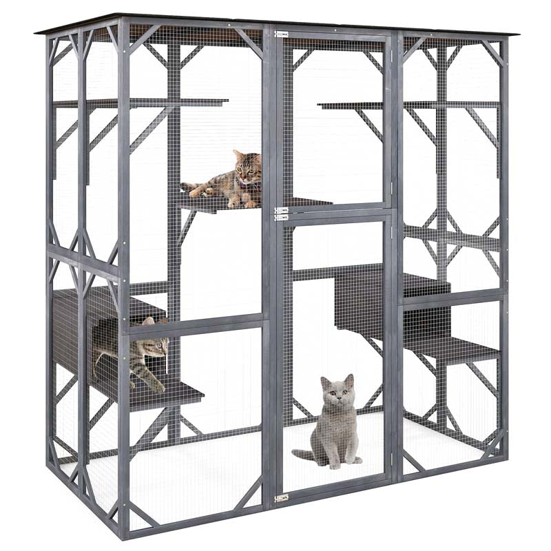 71" Tall Large Cat House Outdoor Catio Kitty Enclosure, Walk-in Cat Kennel Condo, Wooden Cat Cage Playpen with 7 Platforms