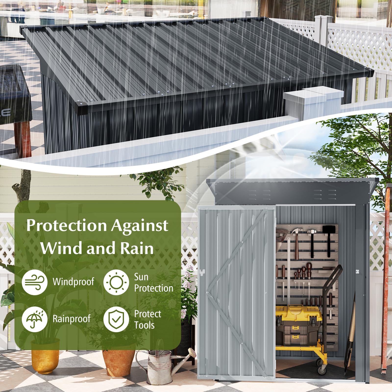 5 x 3 FT Outdoor Storage Shed, Galvanized Metal Tool House with Sloped Roof, 2 Vents, Lockable Door, Waterproof & Windproof Utility Tool Organizer