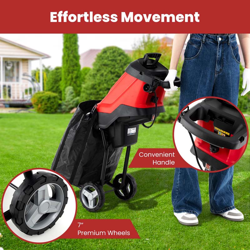 15-Amp Electric Wood Chipper and Shredder, Corded Leaf Mulcher with 15:1 Reduction, Safety Lock, 1.77" Cutting Diameter, Collection Bag & Wheels