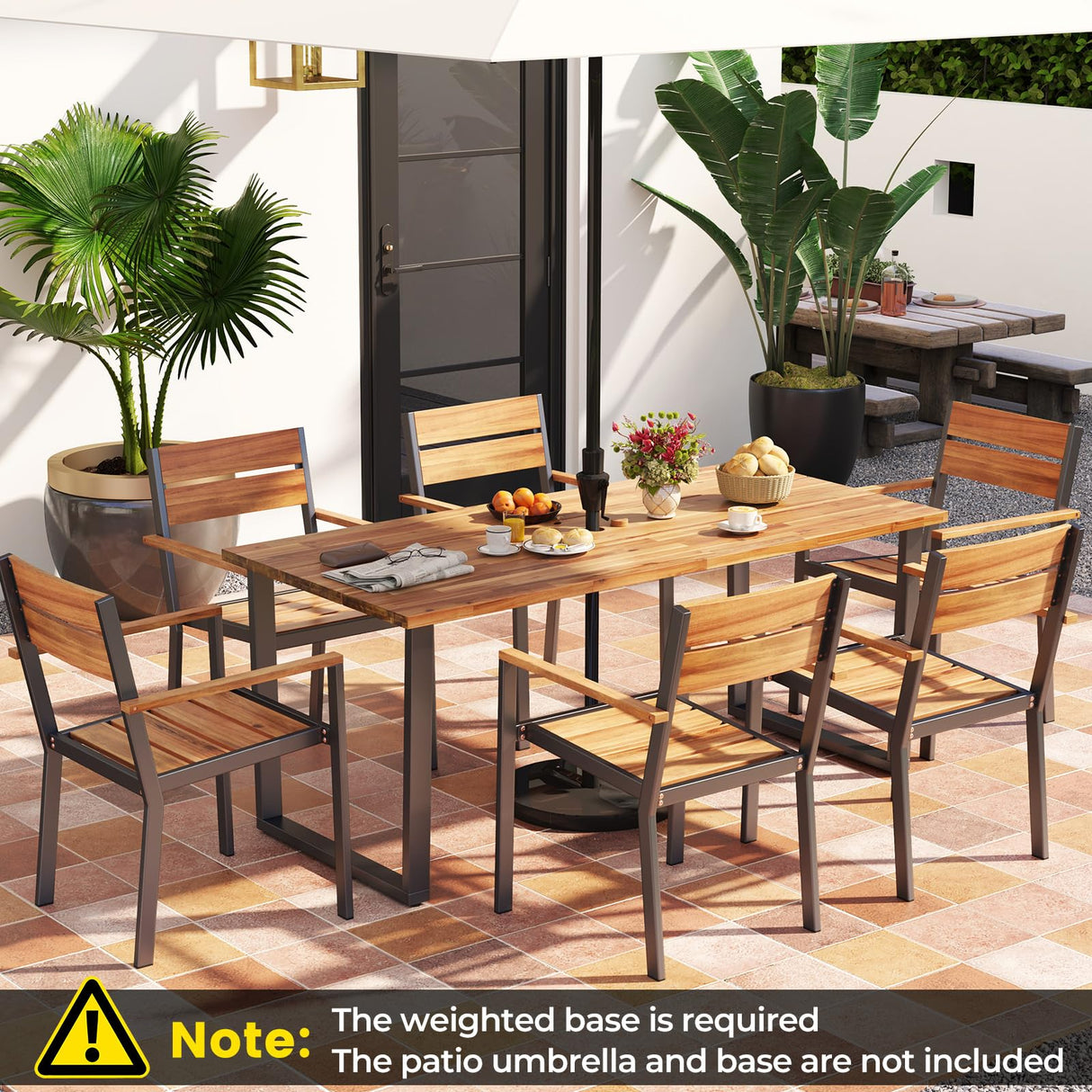 7 Pcs Metal Frame Outdoor Patio Dining Set - 69" Rectangular Acacia Wood Table with 6 Stackable Chairs, 2" Umbrella Hole