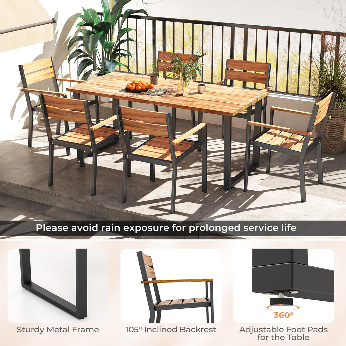 7 Pcs Metal Frame Outdoor Patio Dining Set - 69" Rectangular Acacia Wood Table with 6 Stackable Chairs, 2" Umbrella Hole