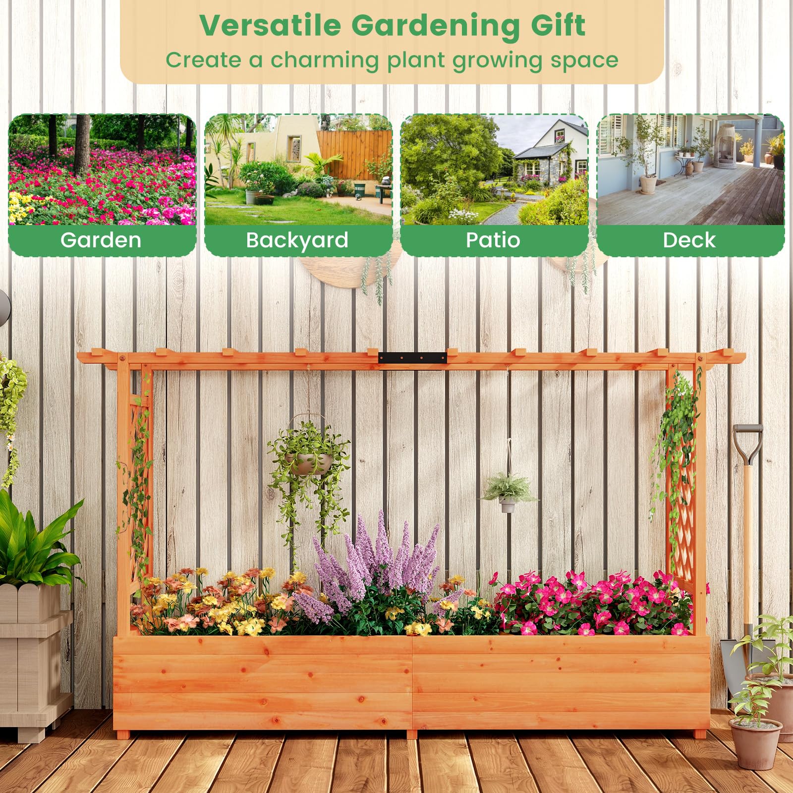 Raised Garden Bed with Trellis & Hanging Roof, Freestanding Planter Box for Flower Climbing Plant Herb, 79"L x 17.5"W x 45"H