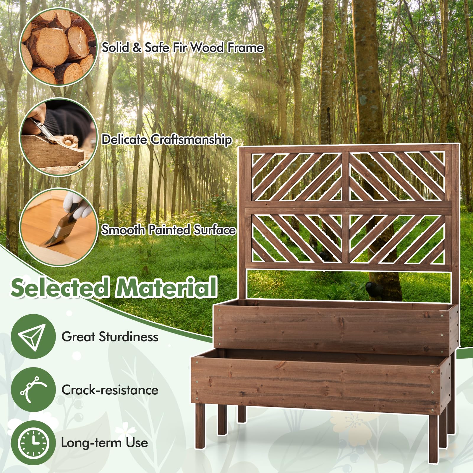 2-Tier Wooden Raised Garden Bed with Trellis, 2 Planter Boxes, Drainage Holes, Outdoor Elevated Planter Box for Flowers Herbs Vegetables Fruits