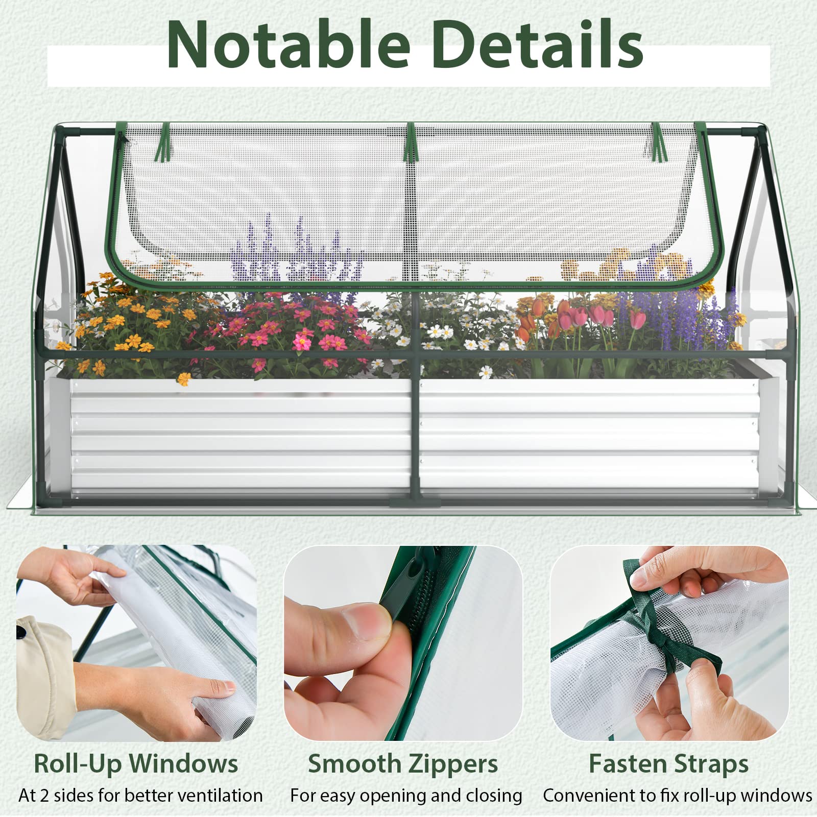 6FT x 3FT x 3FT Galvanized Bottomless Raised Garden Bed with Greenhouse, Dual 2-Tier Roll-Up Windows, Easy Venting & Watering