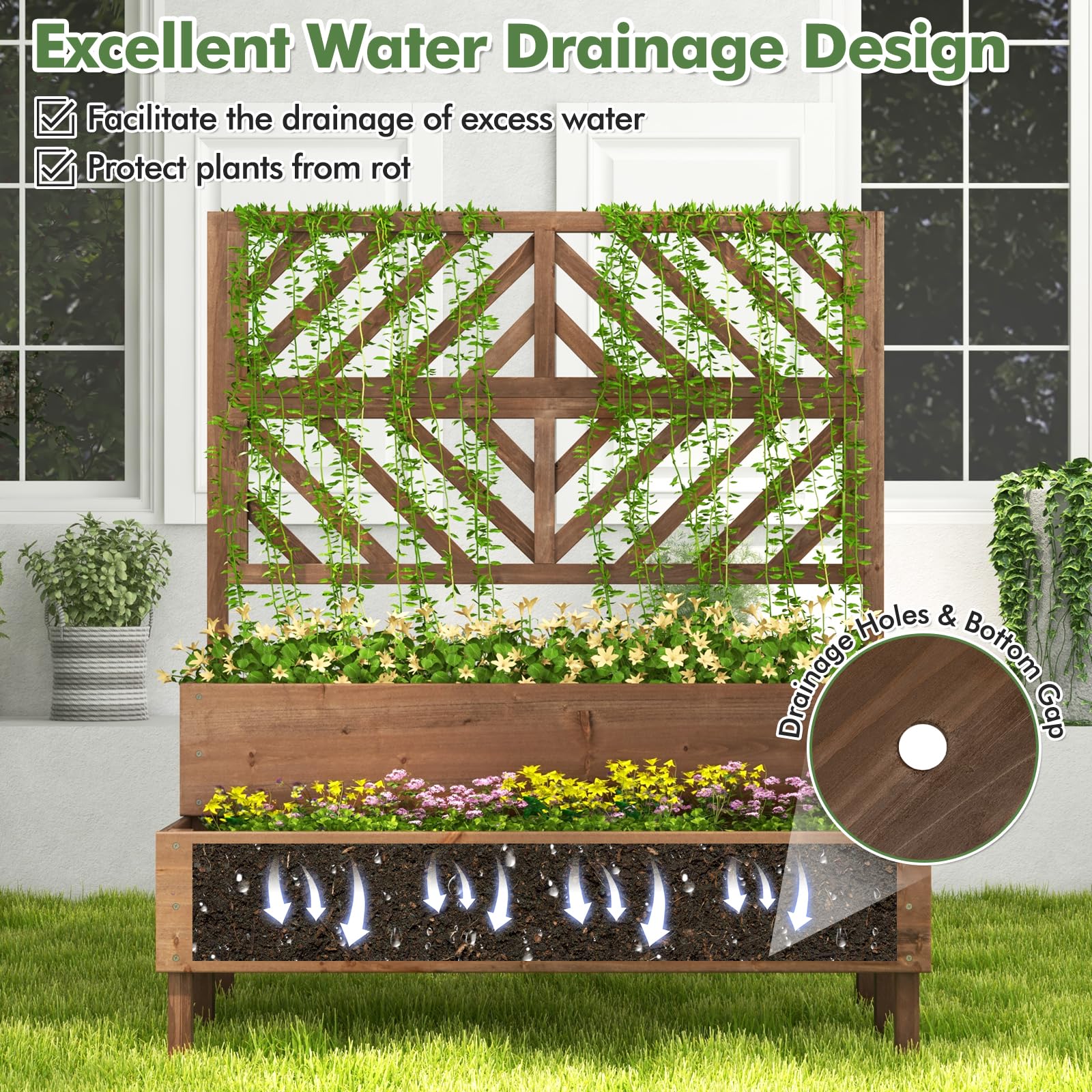 2-Tier Wooden Raised Garden Bed with Trellis, 2 Planter Boxes, Drainage Holes, Outdoor Elevated Planter Box for Flowers Herbs Vegetables Fruits