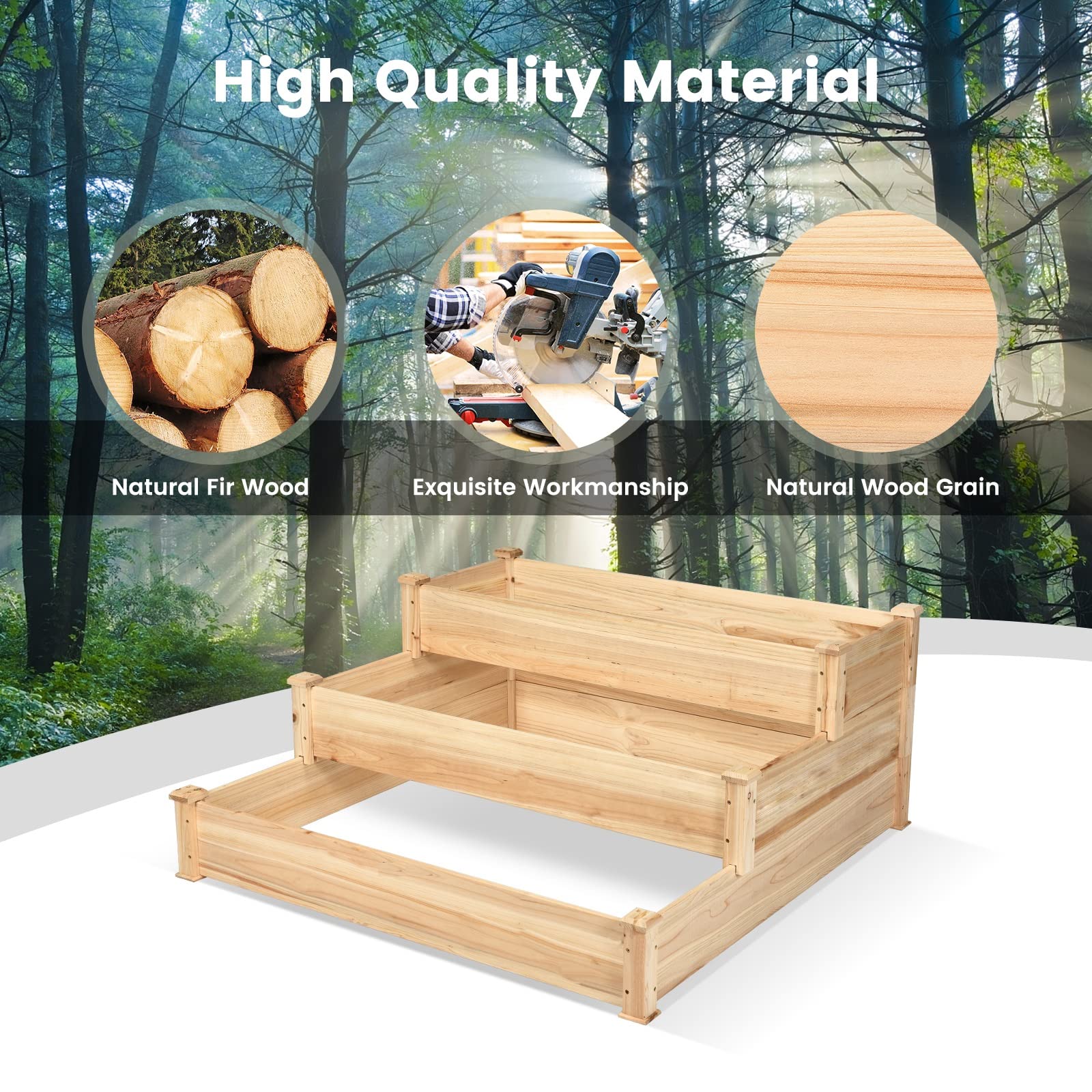 3-Tier Raised Garden Bed, 49" x 49" x 22" Fir Wood Elevated Planter Box for Growing Vegetable/Flower/Herb, Plant Display Container Rack