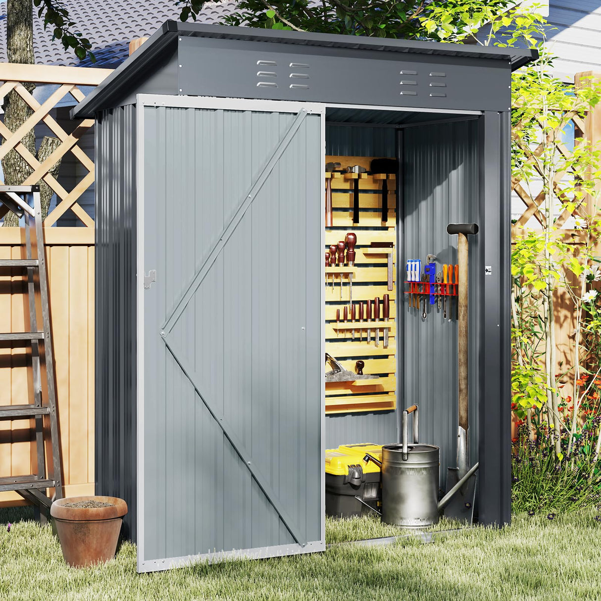 5 x 3 FT Outdoor Storage Shed, Galvanized Metal Tool House with Sloped Roof, 2 Vents, Lockable Door, Waterproof & Windproof Utility Tool Organizer