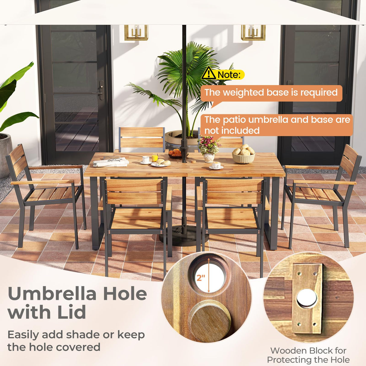 7 Pcs Metal Frame Outdoor Patio Dining Set - 69" Rectangular Acacia Wood Table with 6 Stackable Chairs, 2" Umbrella Hole