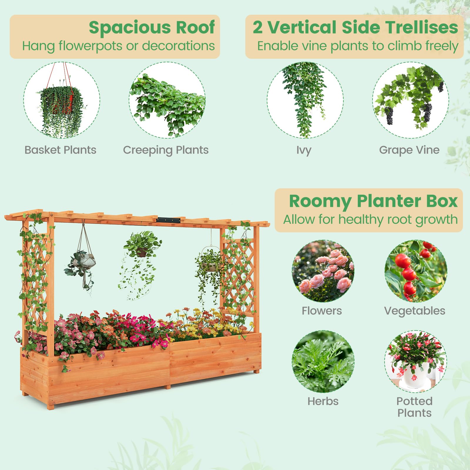 Raised Garden Bed with Trellis & Hanging Roof, Freestanding Planter Box for Flower Climbing Plant Herb, 79"L x 17.5"W x 45"H