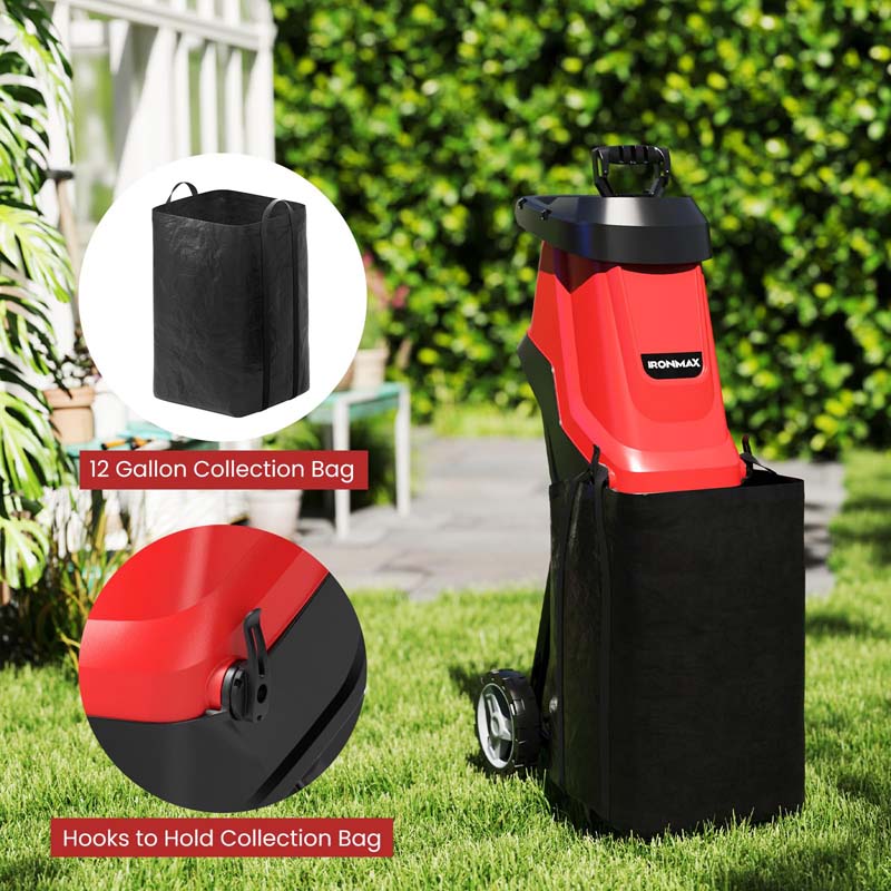 15-Amp Electric Wood Chipper and Shredder, Corded Leaf Mulcher with 15:1 Reduction, Safety Lock, 1.77" Cutting Diameter, Collection Bag & Wheels