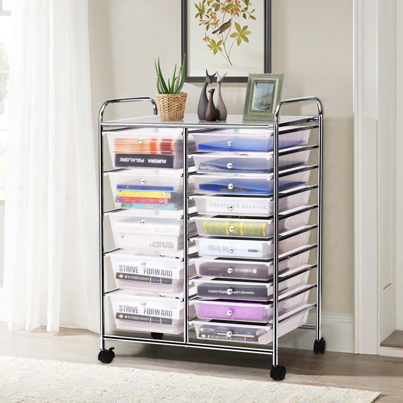 15-Drawer Storage Drawer Cart Tools Scrapbook Paper Organizer Cart Office School Utility Cart Rolling Storage Cart with Wheels