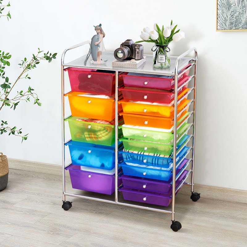 15-Drawer Storage Drawer Cart Tools Scrapbook Paper Organizer Cart Office School Utility Cart Rolling Storage Cart with Wheels