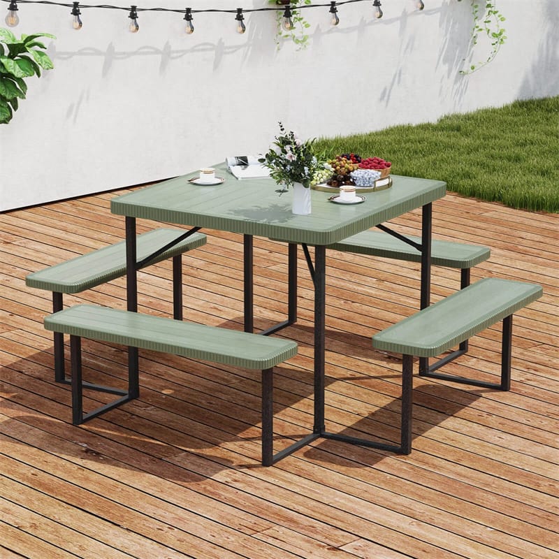 4-8 Person Outdoor Picnic Table Bench Set, All-Weather HDPE Square Dining Table with Umbrella Hole, 4 Benches & Metal Frame for Patio Backyard