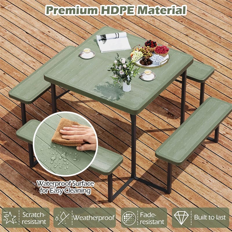 4-8 Person Outdoor Picnic Table Bench Set, All-Weather HDPE Square Dining Table with Umbrella Hole, 4 Benches & Metal Frame for Patio Backyard