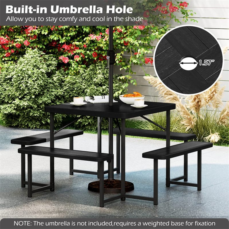 4-8 Person Outdoor Picnic Table Bench Set, All-Weather HDPE Square Dining Table with Umbrella Hole, 4 Benches & Metal Frame for Patio Backyard
