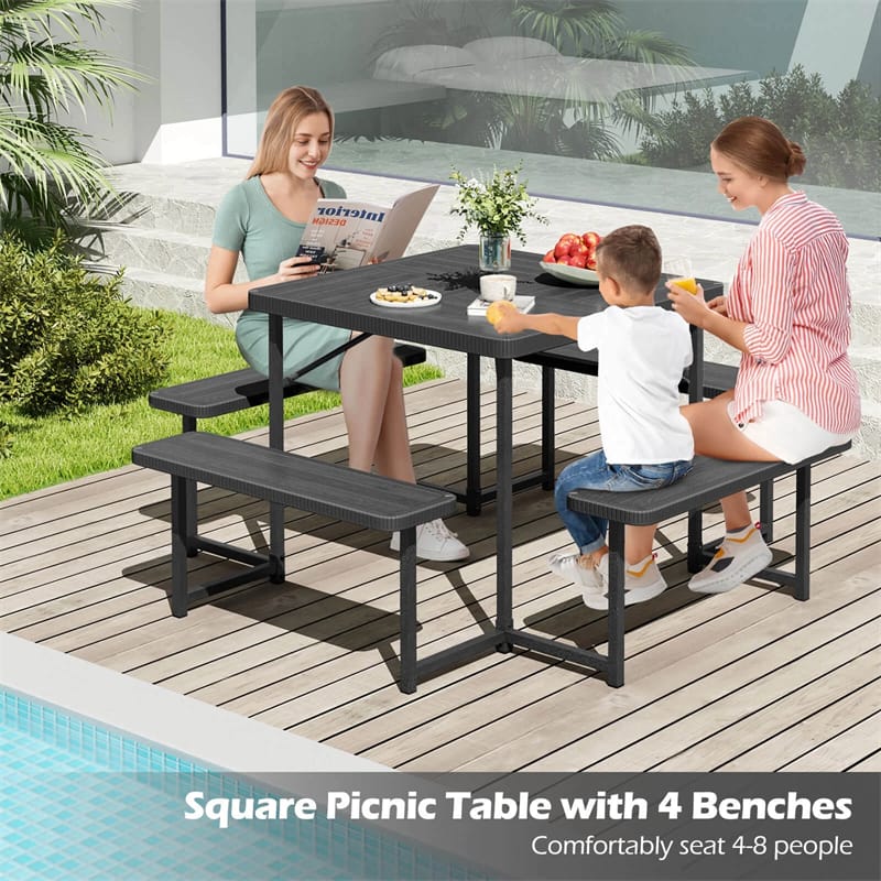 4-8 Person Outdoor Picnic Table Bench Set, All-Weather HDPE Square Dining Table with Umbrella Hole, 4 Benches & Metal Frame for Patio Backyard