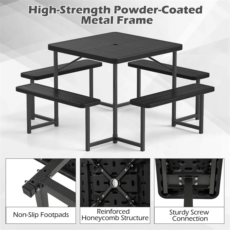 4-8 Person Outdoor Picnic Table Bench Set, All-Weather HDPE Square Dining Table with Umbrella Hole, 4 Benches & Metal Frame for Patio Backyard