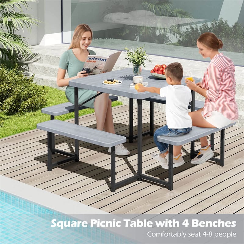 4-8 Person Outdoor Picnic Table Bench Set, All-Weather HDPE Square Dining Table with Umbrella Hole, 4 Benches & Metal Frame for Patio Backyard