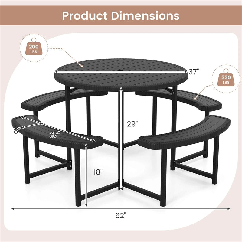 8 Person Round Outdoor Picnic Table Bench Set with Umbrella Hole, All-Weather HDPE Tabletop & Metal Frame for Patio Garden Yard