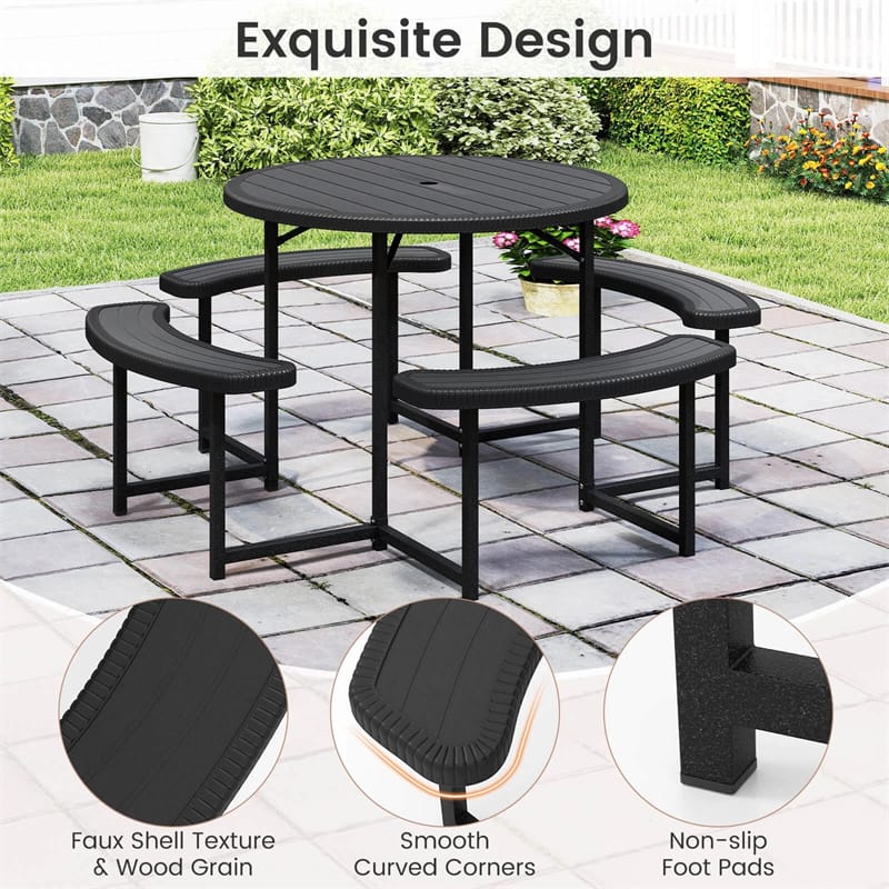 8 Person Round Outdoor Picnic Table Bench Set with Umbrella Hole, All-Weather HDPE Tabletop & Metal Frame for Patio Garden Yard