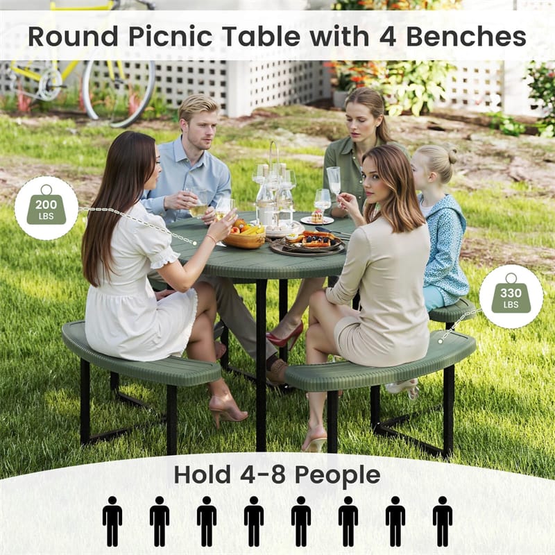 8 Person Round Outdoor Picnic Table Bench Set with Umbrella Hole, All-Weather HDPE Tabletop & Metal Frame for Patio Garden Yard
