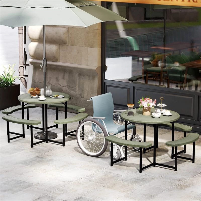 8 Person Round Outdoor Picnic Table Bench Set with Umbrella Hole, All-Weather HDPE Tabletop & Metal Frame for Patio Garden Yard