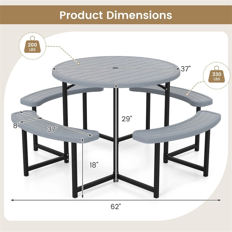 8 Person Round Outdoor Picnic Table Bench Set with Umbrella Hole, All-Weather HDPE Tabletop & Metal Frame for Patio Garden Yard