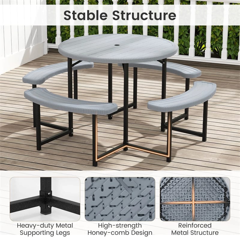 8 Person Round Outdoor Picnic Table Bench Set with Umbrella Hole, All-Weather HDPE Tabletop & Metal Frame for Patio Garden Yard