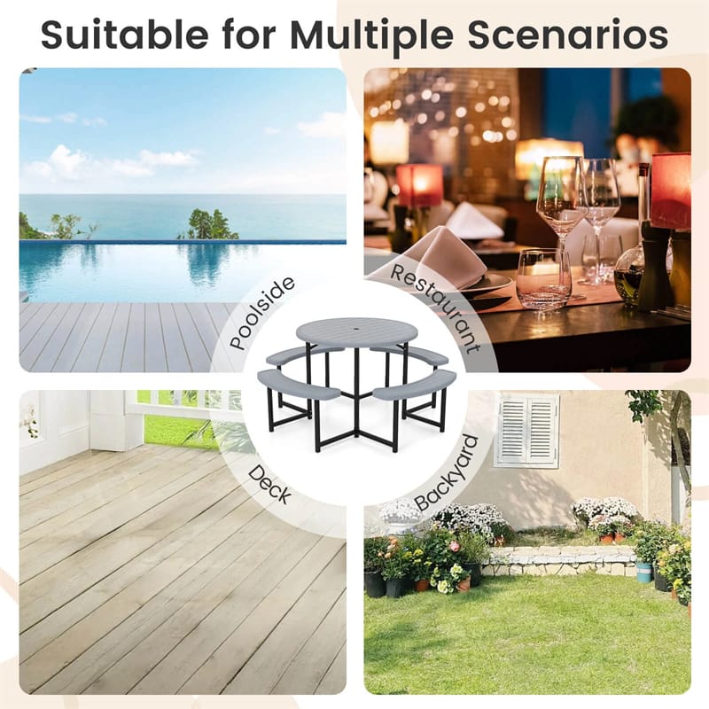 8 Person Round Outdoor Picnic Table Bench Set with Umbrella Hole, All-Weather HDPE Tabletop & Metal Frame for Patio Garden Yard