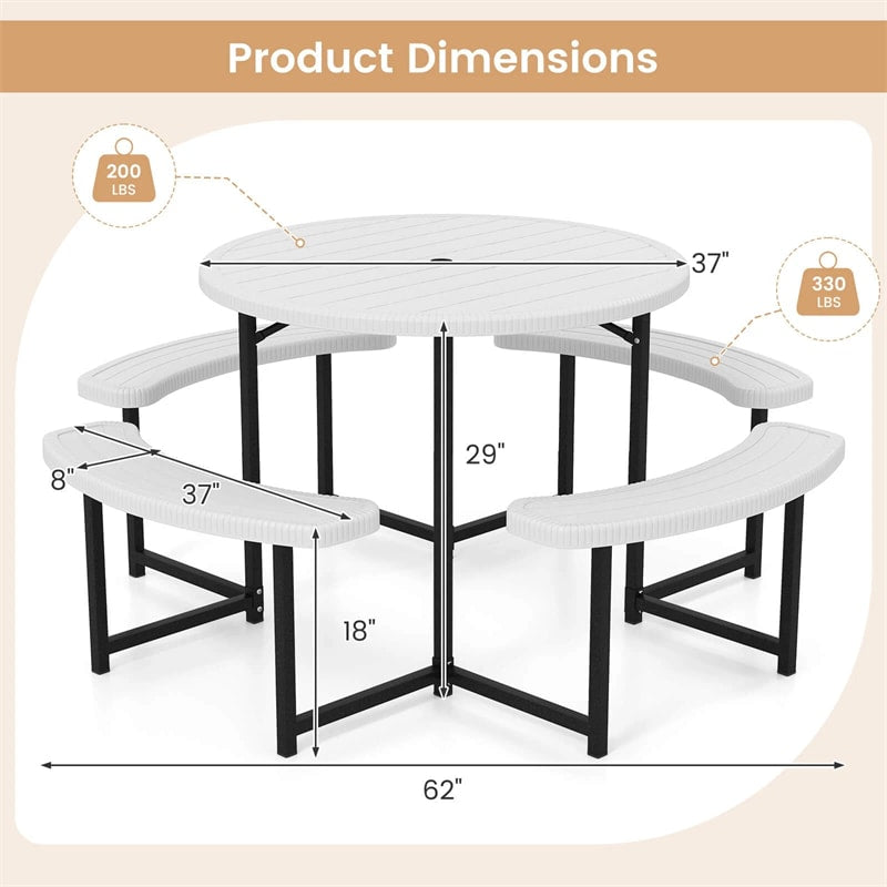 8 Person Round Outdoor Picnic Table Bench Set with Umbrella Hole, All-Weather HDPE Tabletop & Metal Frame for Patio Garden Yard