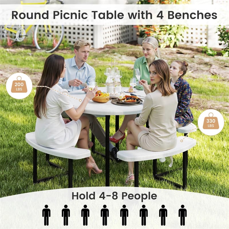 8 Person Round Outdoor Picnic Table Bench Set with Umbrella Hole, All-Weather HDPE Tabletop & Metal Frame for Patio Garden Yard