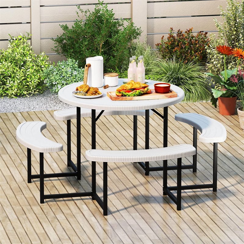 8 Person Round Outdoor Picnic Table Bench Set with Umbrella Hole, All-Weather HDPE Tabletop & Metal Frame for Patio Garden Yard