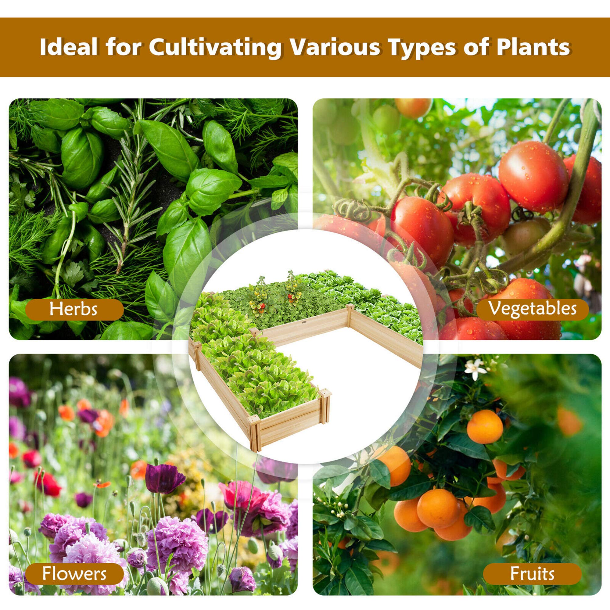 92.5" L x 95 W x 11 H Wood U-Shaped Raised Garden Bed Planter Box for Vegetables Flowers, Garden Container for Backyard Patio Balcony