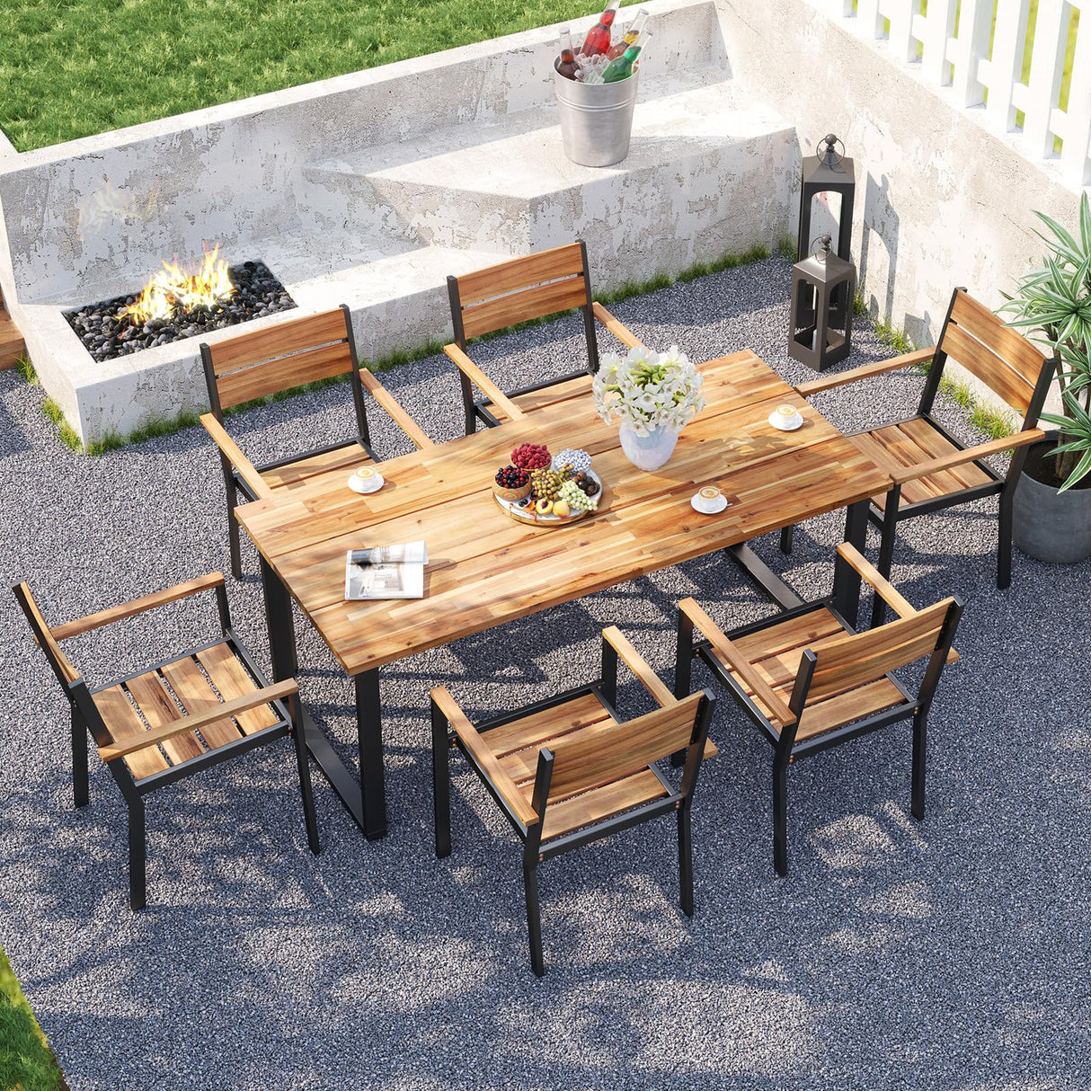7 Pcs Metal Frame Outdoor Patio Dining Set - 69" Rectangular Acacia Wood Table with 6 Stackable Chairs, 2" Umbrella Hole