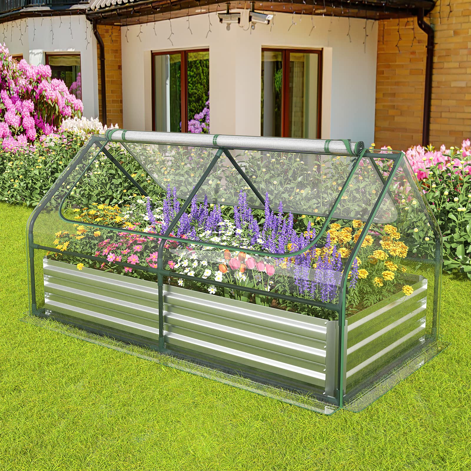 6FT x 3FT x 3FT Galvanized Bottomless Raised Garden Bed with Greenhouse, Dual 2-Tier Roll-Up Windows, Easy Venting & Watering