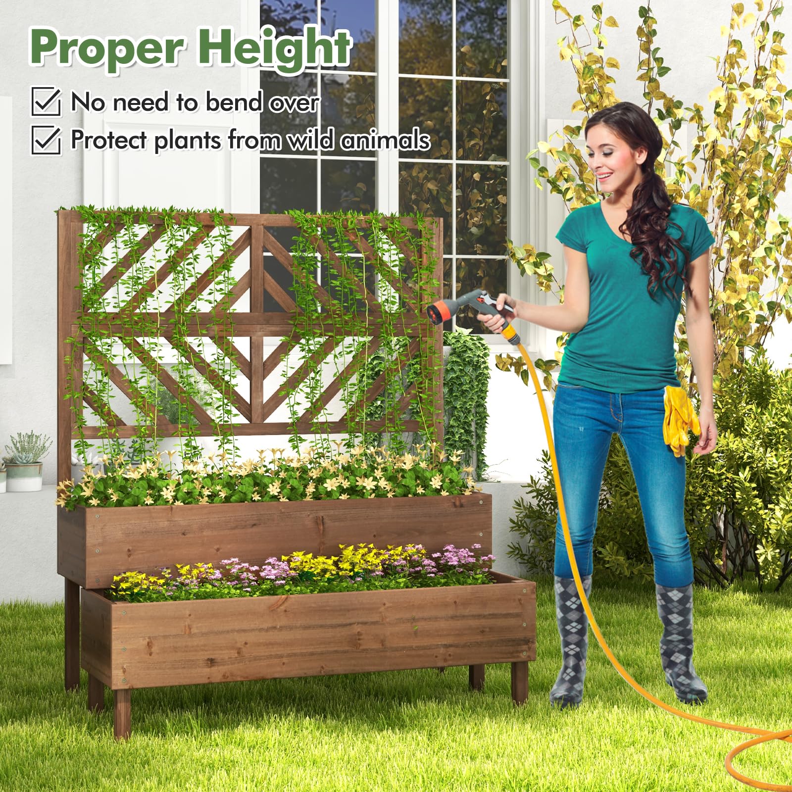 2-Tier Wooden Raised Garden Bed with Trellis, 2 Planter Boxes, Drainage Holes, Outdoor Elevated Planter Box for Flowers Herbs Vegetables Fruits