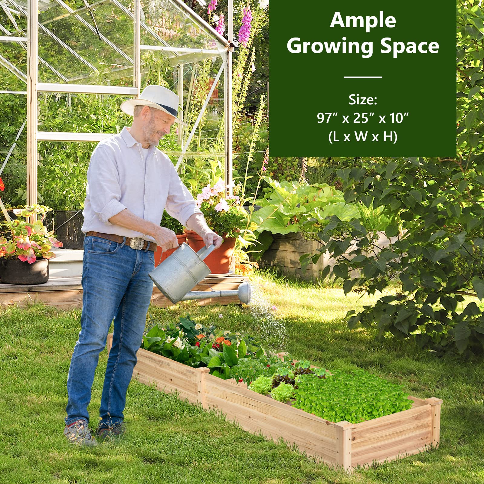 Natural Raised Garden Bed Elevated Planter Box with Open Bottom, 97”L x 25.5”W x 10”H Wooden Growing Bed for Garden Patio Yard