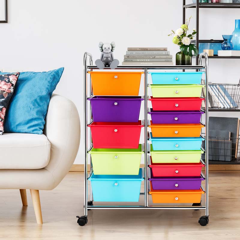 15-Drawer Storage Drawer Cart Tools Scrapbook Paper Organizer Cart Office School Utility Cart Rolling Storage Cart with Wheels