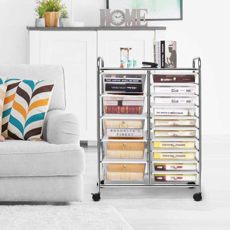 15-Drawer Storage Drawer Cart Tools Scrapbook Paper Organizer Cart Office School Utility Cart Rolling Storage Cart with Wheels