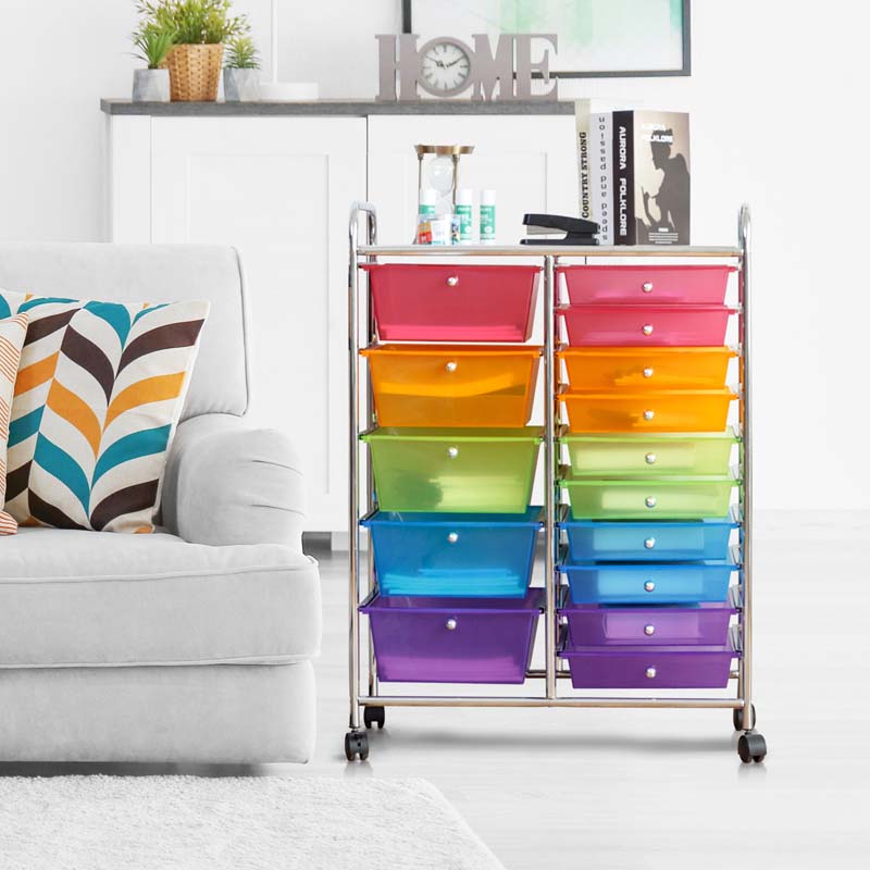 15-Drawer Storage Drawer Cart Tools Scrapbook Paper Organizer Cart Office School Utility Cart Rolling Storage Cart with Wheels