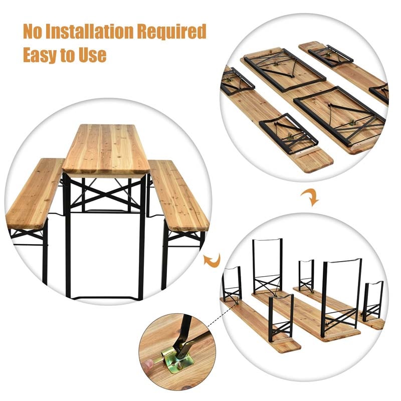 3 Pcs Folding Picnic Table Bench Set, 70" Portable Beer Table with Seating Set, Wooden Top Outdoor Dining Table Set